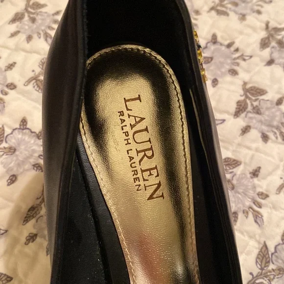 LAUREN RALPH LAUREN Black Leather heels with GOLD LOGO “RLL” Very well kept 9.5 - Picture 7 of 11